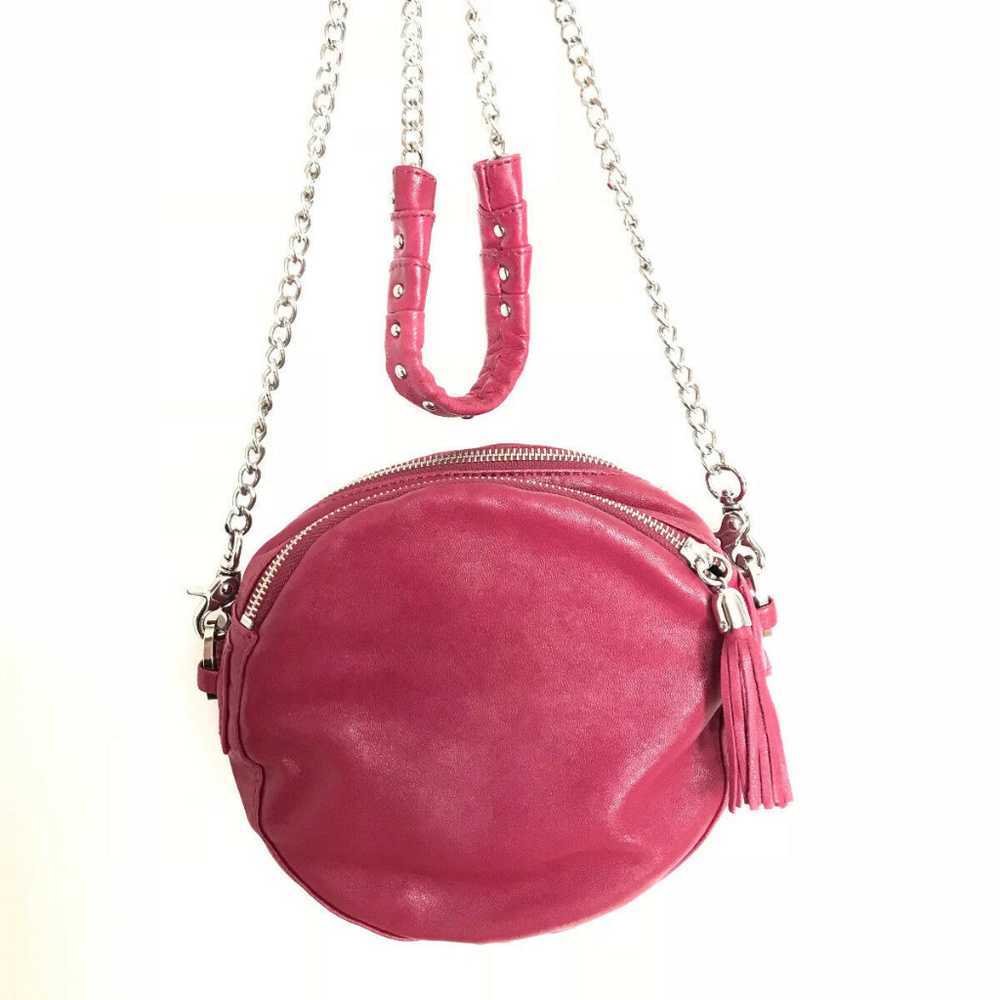 Pour La Victoire Pink Leather Crossbody Handbag Bag Long Silver Chain Strap